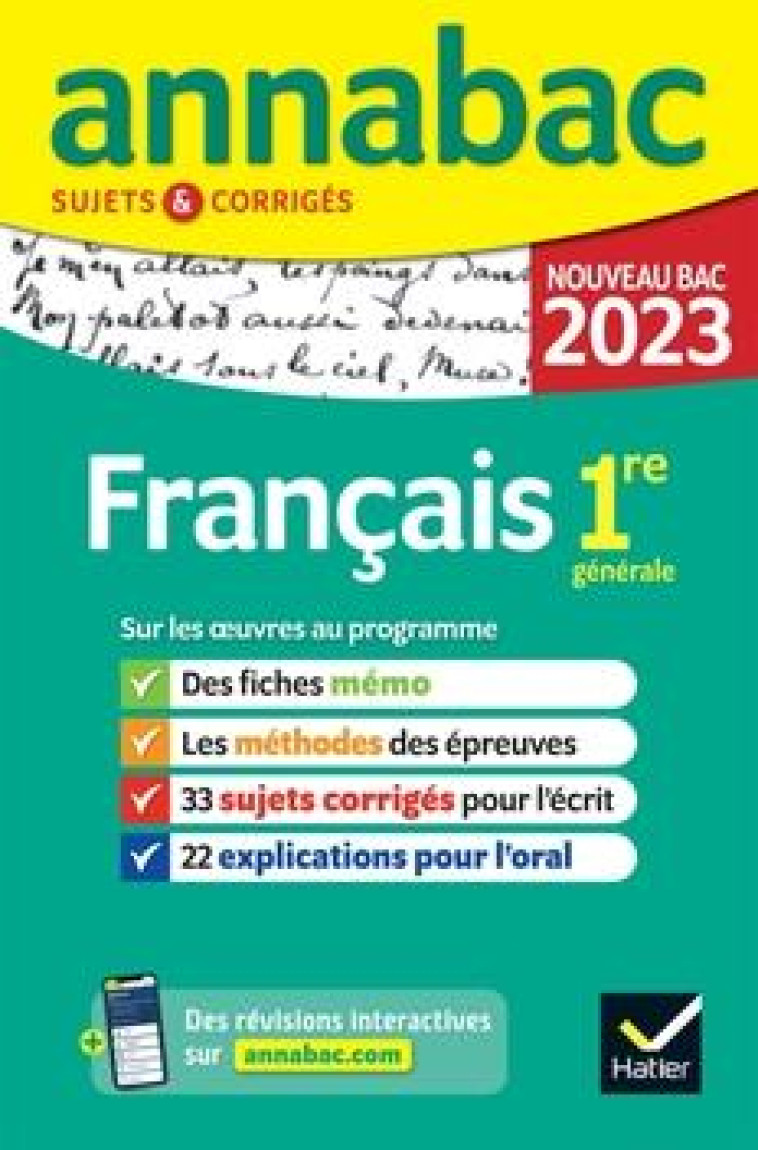 ANNALES DU BAC ANNABAC 2023 FRANCAIS 1RE GENERALE - METHODES & SUJETS CORRIGES NOUVEAU BAC - XXX - HATIER SCOLAIRE